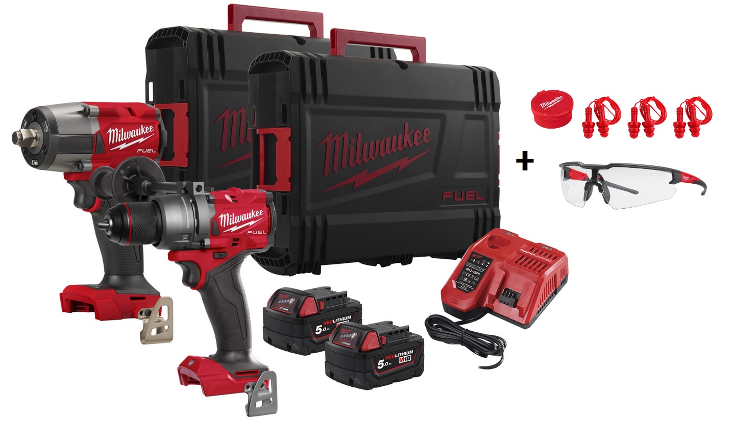 Milwaukee M18FPP2FH-502X SET: Schlagbohrschrauber & Schlagschrauber ½″ + Schutzbrille, Gehörstöpsel