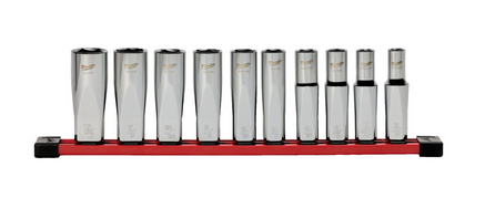 Milwaukee Steckschlüsseleinsatz 1/2" lang Set 6-kant imperial, 10-teilig auf Schiene