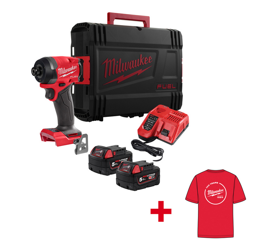 Milwaukee Akku-Schlagschrauber M18FID3-502X + T-Shirt 100 Jahre (L)