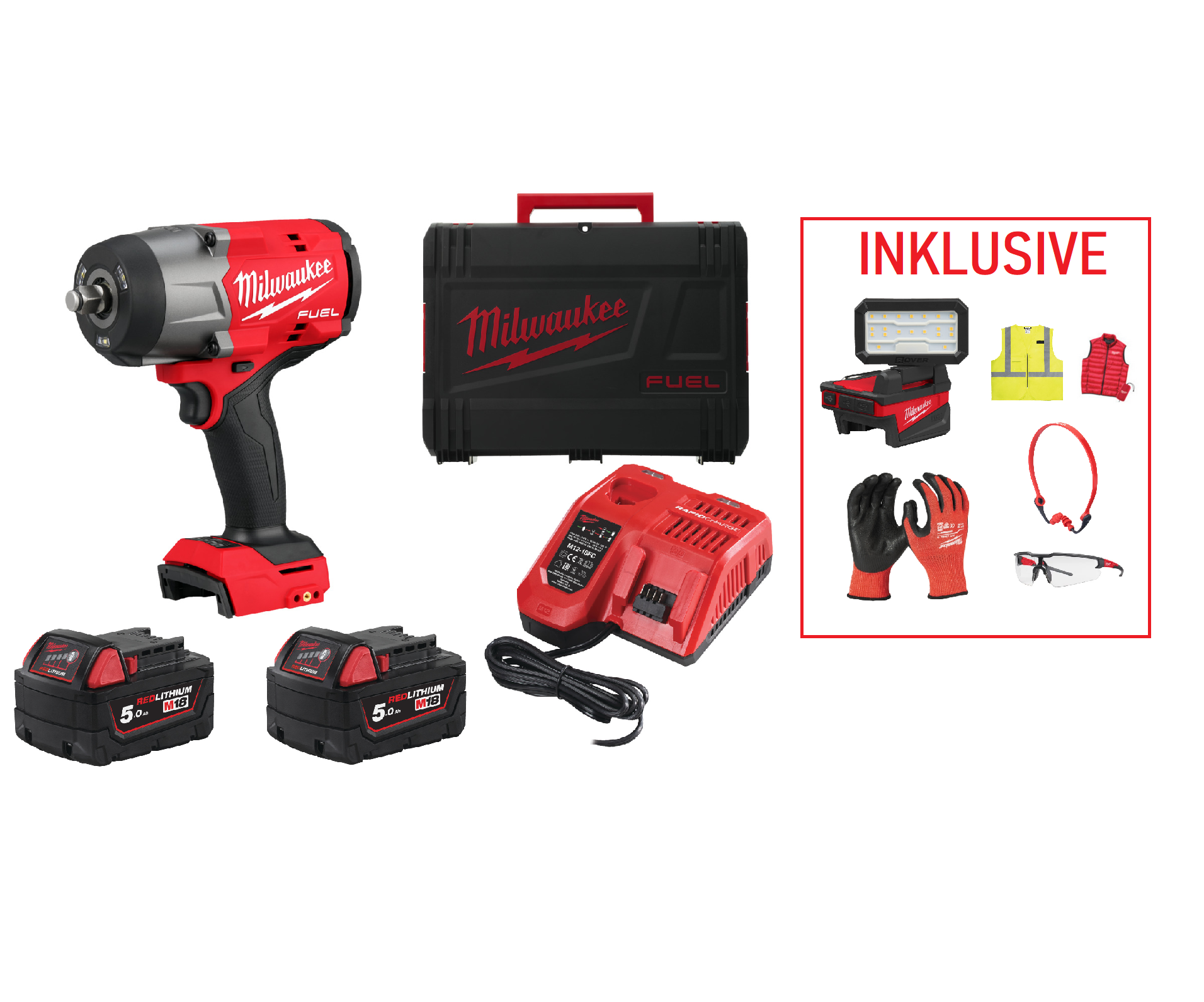Milwaukee Akku-Schlagschrauber M18FHIW2F12-502X inkl. Schutzbrille, Gehörschutz, Handschuhe, Warnweste, Bauleuchte, Steppweste