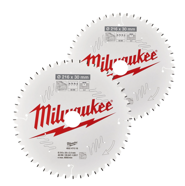 Milwaukee Sägeblatt Holz Kapp- und Gehrungssägen 216/30 mm Z48 Wechselzahn negativ u. 216/30 mm Z60