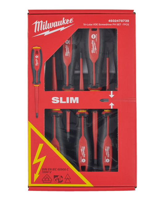 Milwaukee Tri-Lobe Schrauberdreher, VDE geprüft 7-teiliges Set SL/PH/Spannungsprüfer Milwaukee Tri-Lobe Schrauberdreher, VDE geprüft 7-teiliges Set SL/PH/Spannungsprüfer