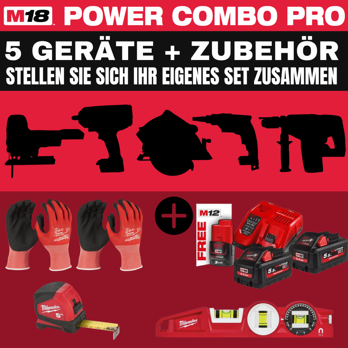 Milwaukee M18 POWER-COMBO-PRO SET (IHRE AUSWAHL + 3 Akkus + Zubehör)