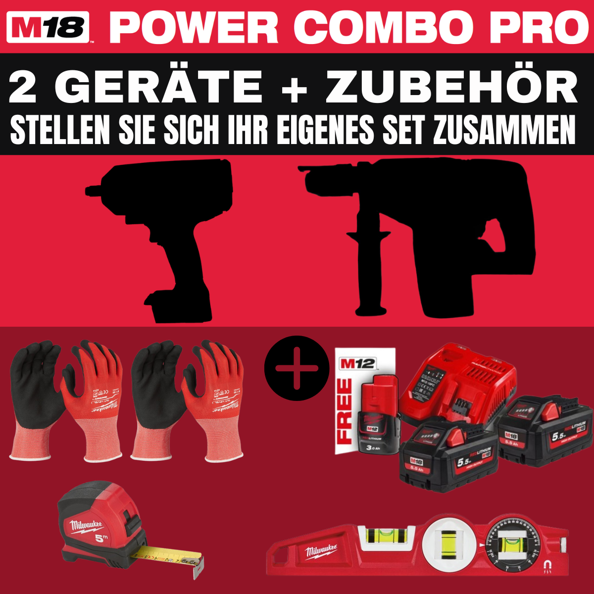 Milwaukee M18 POWER-COMBO-PRO SET (IHRE AUSWAHL + 3 Akkus + Zubehör)