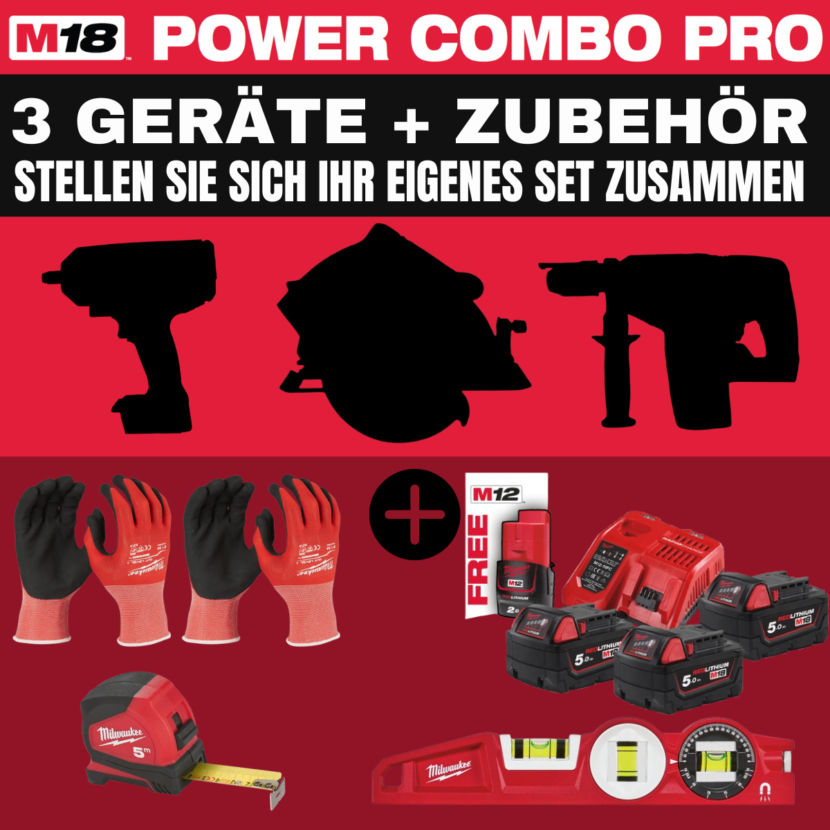 Milwaukee M18 POWER-COMBO-PRO SET (IHRE AUSWAHL + 4 Akkus + Zubehör)