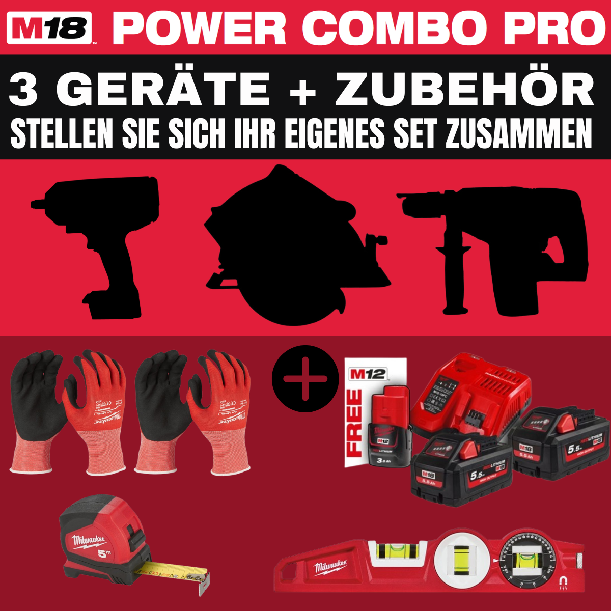Milwaukee M18 POWER-COMBO-PRO SET (IHRE AUSWAHL + 3 Akkus + Zubehör)
