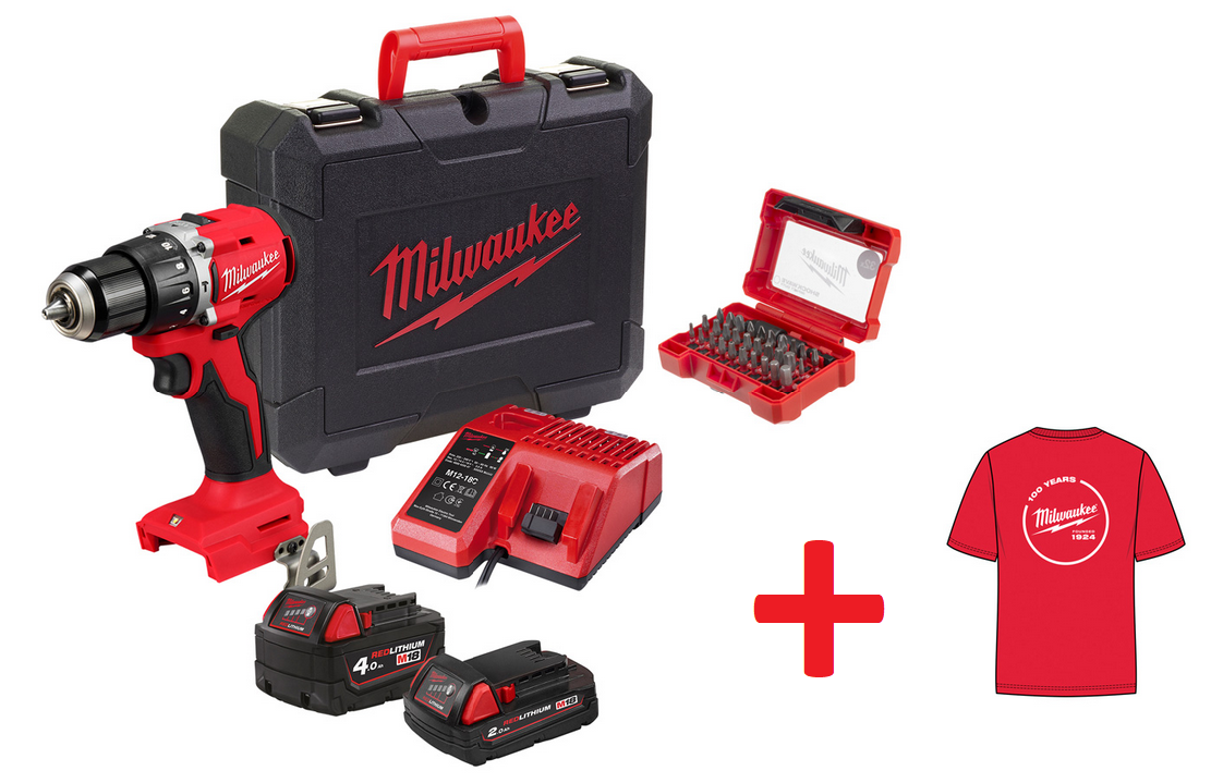 Milwaukee Akku-Schlagbohrschrauber M18BLPDRC-422C SET inkl. Bitbox SHOCKWAVE™ Compact-Set (32-teilig) + T-Shirt (L)