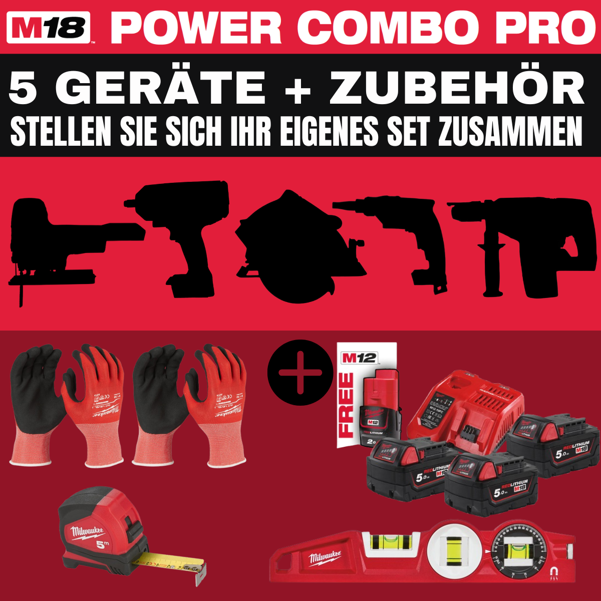 Milwaukee M18 POWER-COMBO-PRO SET (IHRE AUSWAHL + 4 Akkus + Zubehör)