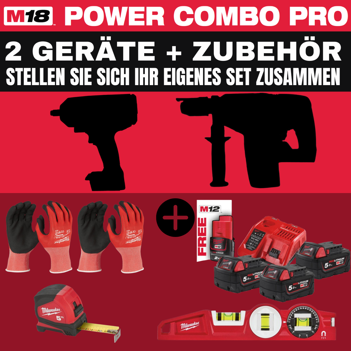 Milwaukee M18 POWER-COMBO-PRO SET (IHRE AUSWAHL + 4 Akkus + Zubehör)