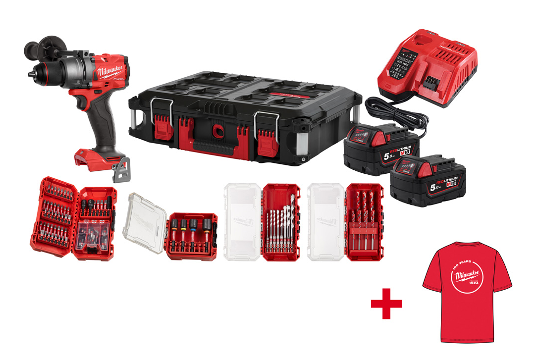 Milwaukee M18 FPD3100P-502P Akkuschrauber SET mit Schlagbohrfuntkion + T-Shirt (L)