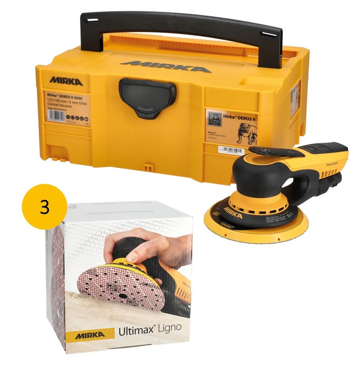 Mirka DEROS II Deros II 125/150mm + Ultimax Ligno inkl. 3 Pack Ultimax Ligno 1x K40, 1x K80, 1x K120
