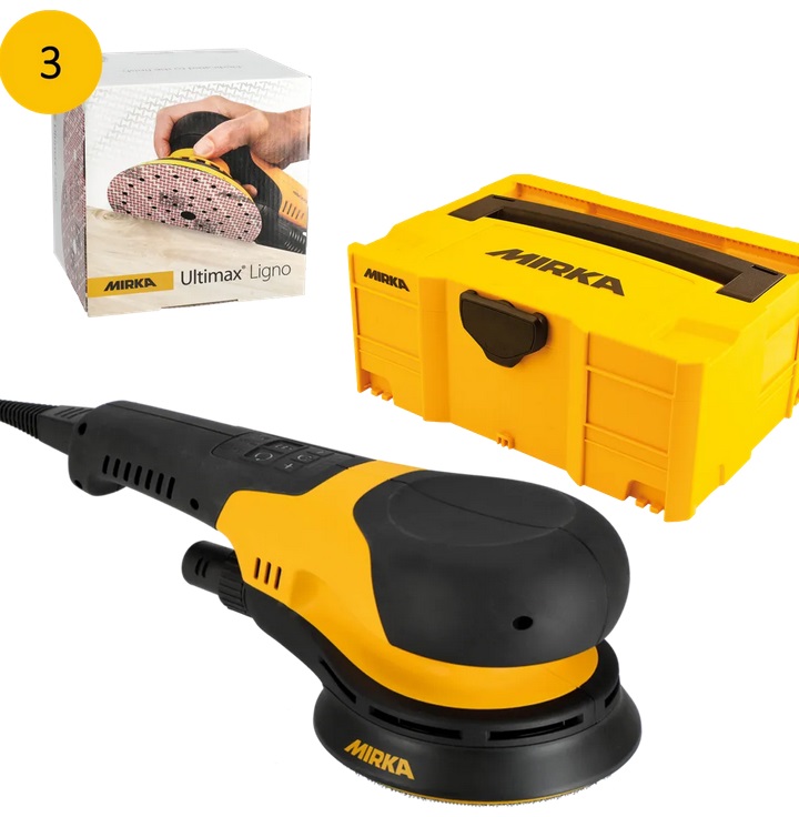 MIRKA-Elektro-Exzenterschleifer DEROS RS600 Case inkl. 3 Pack Ultimax Ligno 1x K40, 1x K80, 1x K120