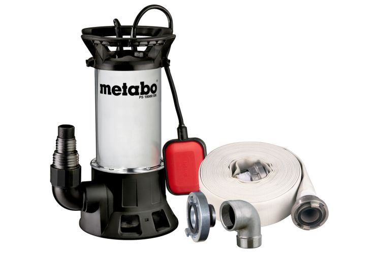 Metabo Schmutzwasser-Tauchpumpe PS 18000 SN Set (690626000); mit Ablauf-Garnitur mit Armaturen (15 m x 2), 